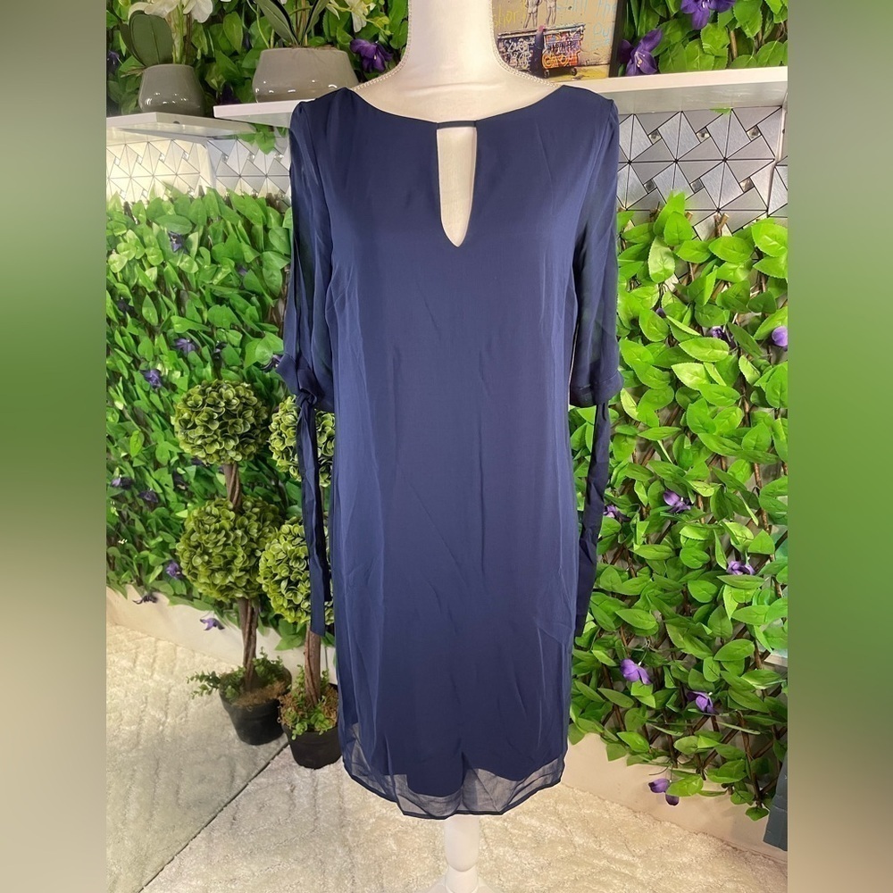 TRUTH & FABLE Women's XS Blue Chiffon Keyhole Neckline Dress Half Sleeve Lined - Picture 2 of 14